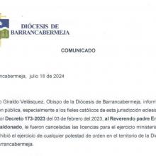 Comunicado de Monseñor Ovidio Giraldo Velásquez, Obispo de nuestra Diócesis de Barrancabermeja